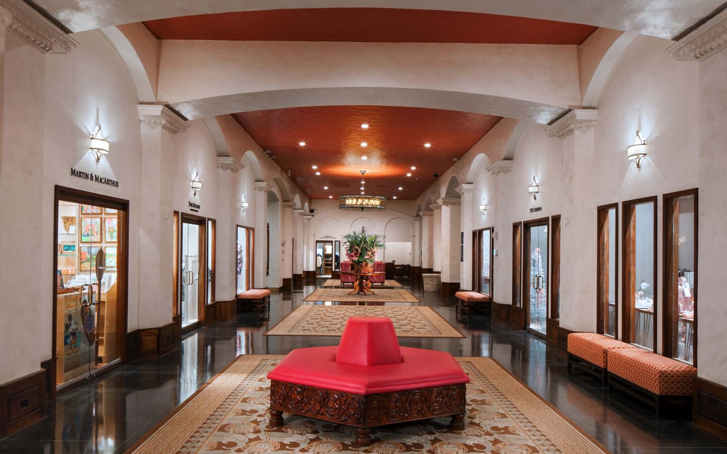 red and brown carpet on hallway