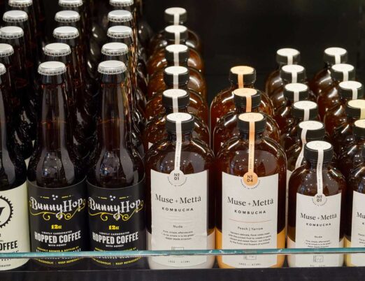 display of different kombucha and coffee beverages