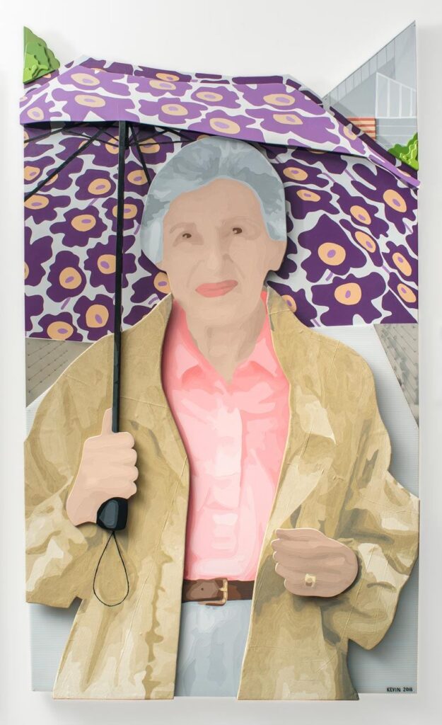artwork of an old woman holding a purple umbrella