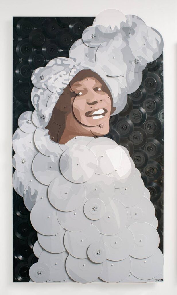 artwork of a woman wearing a big white gown and matching hat smiling