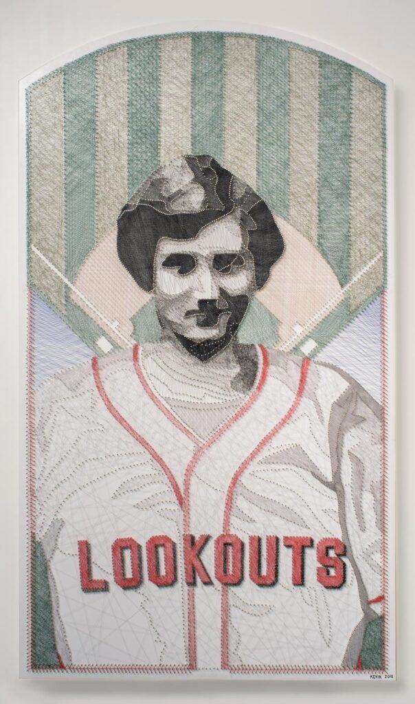 artwork of a baseball player with a "Lookouts" jersey