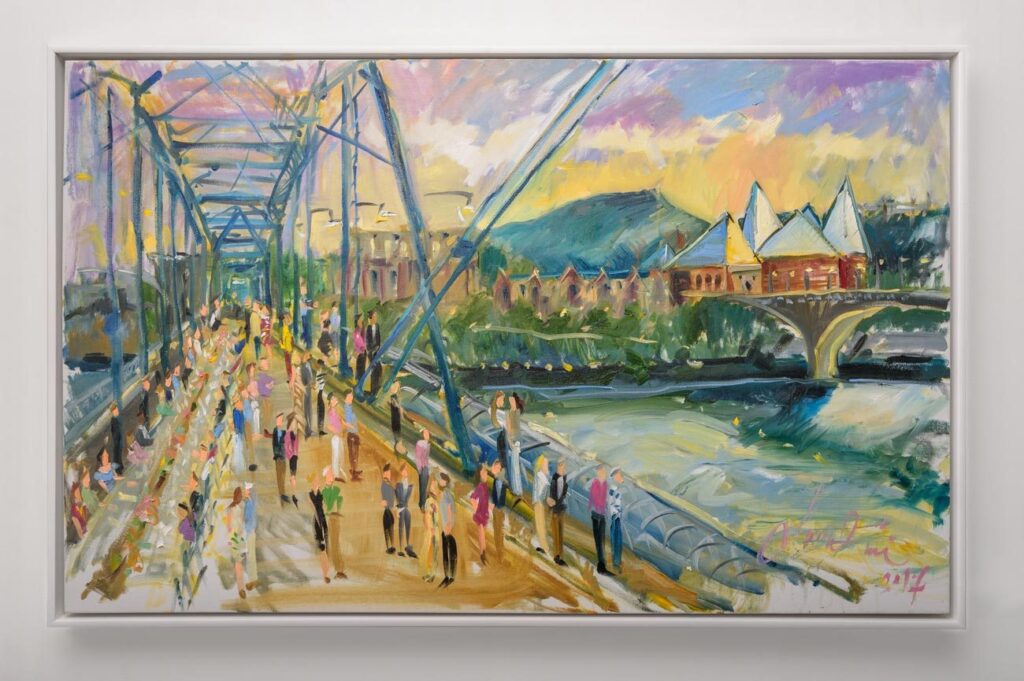 painting of people walking across a big blue bridge