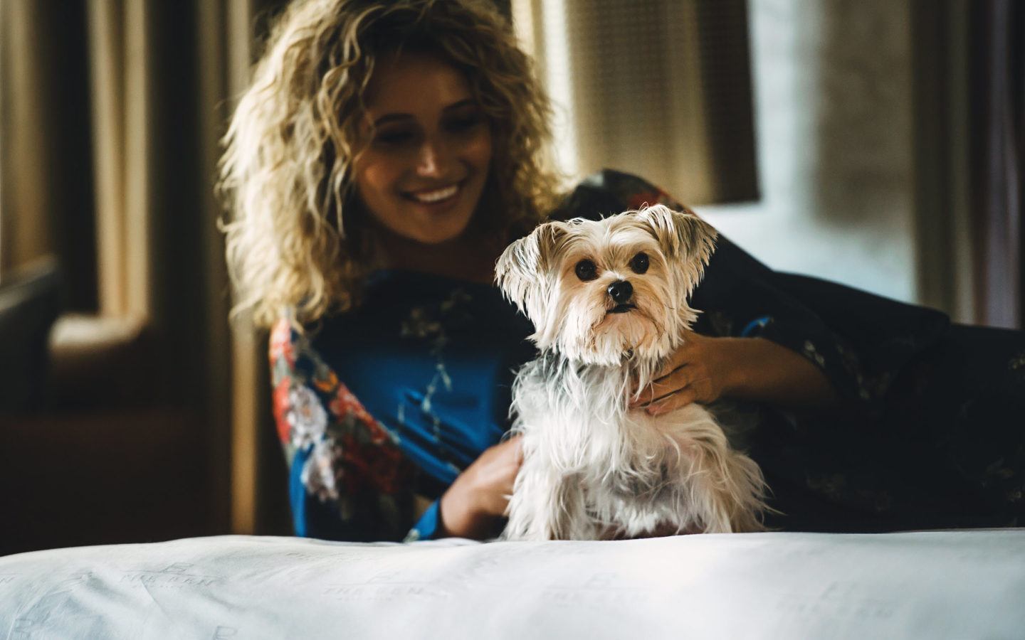 person laying in a bed petting a small dog