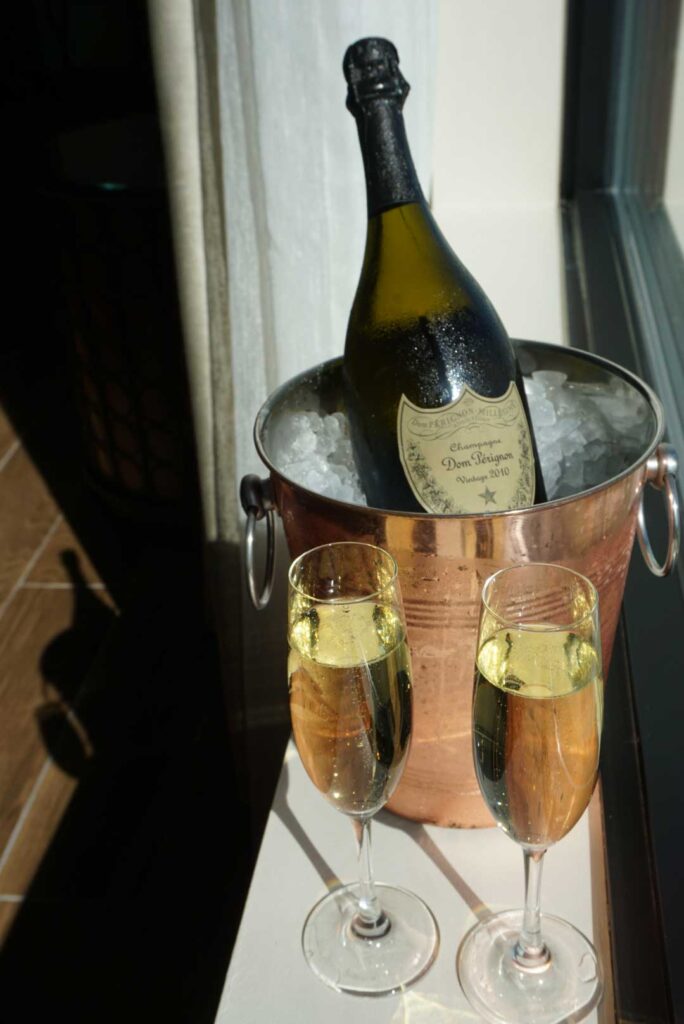 two clear drinking glasses on table