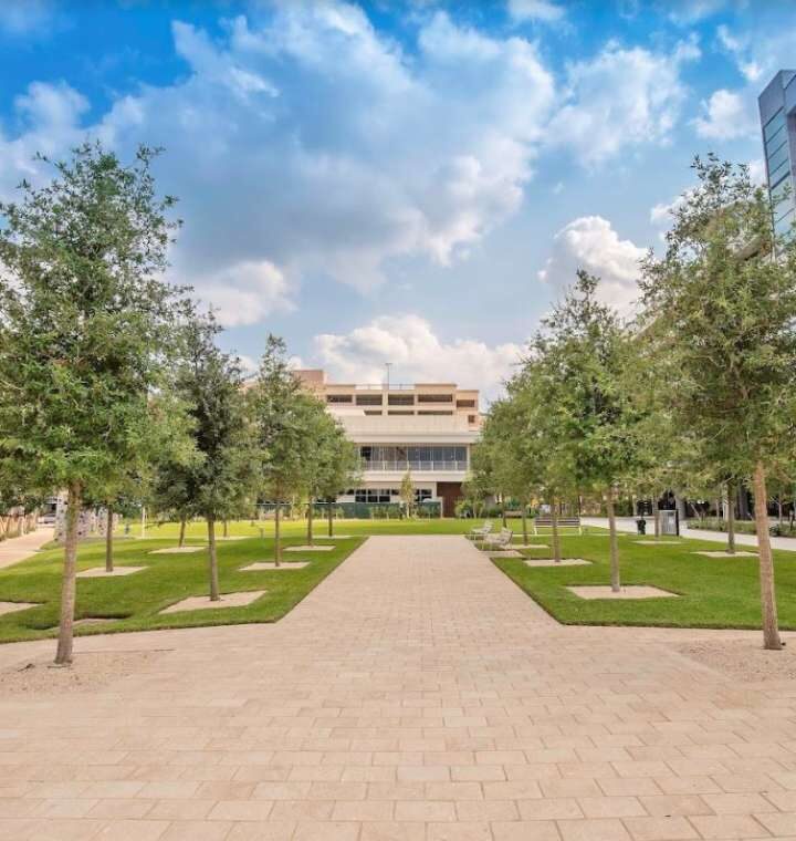 a walkway in front of a building surrounded by trees