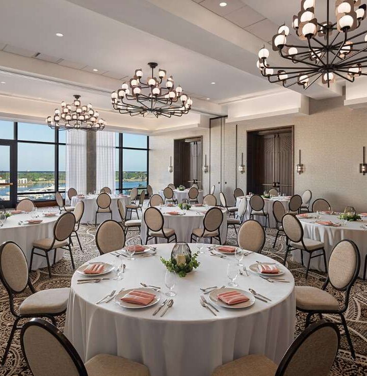 a banquet room set up for a formal function