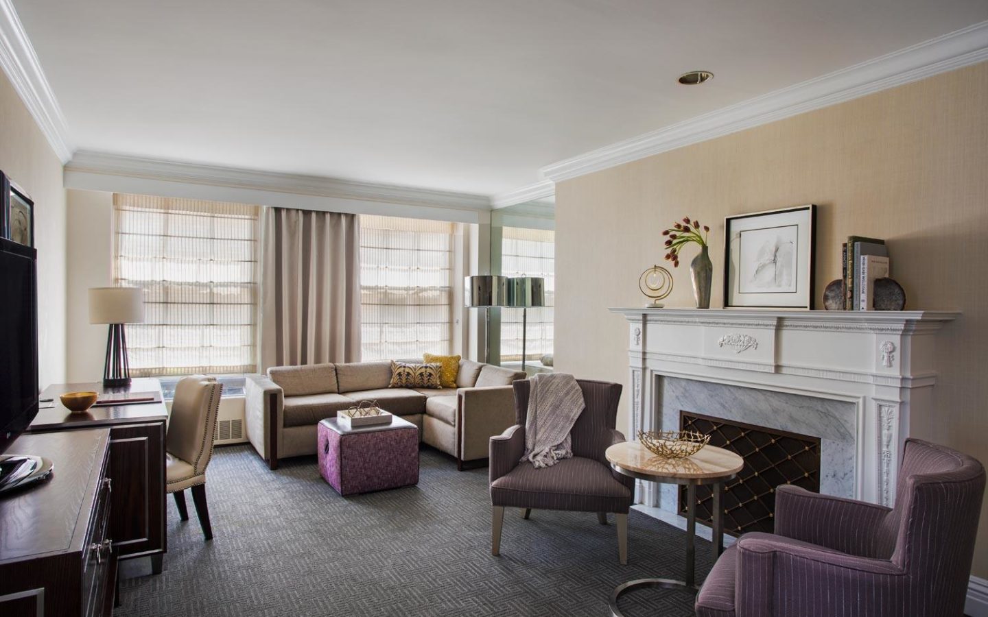 living room area of seating, decoration and fireplace