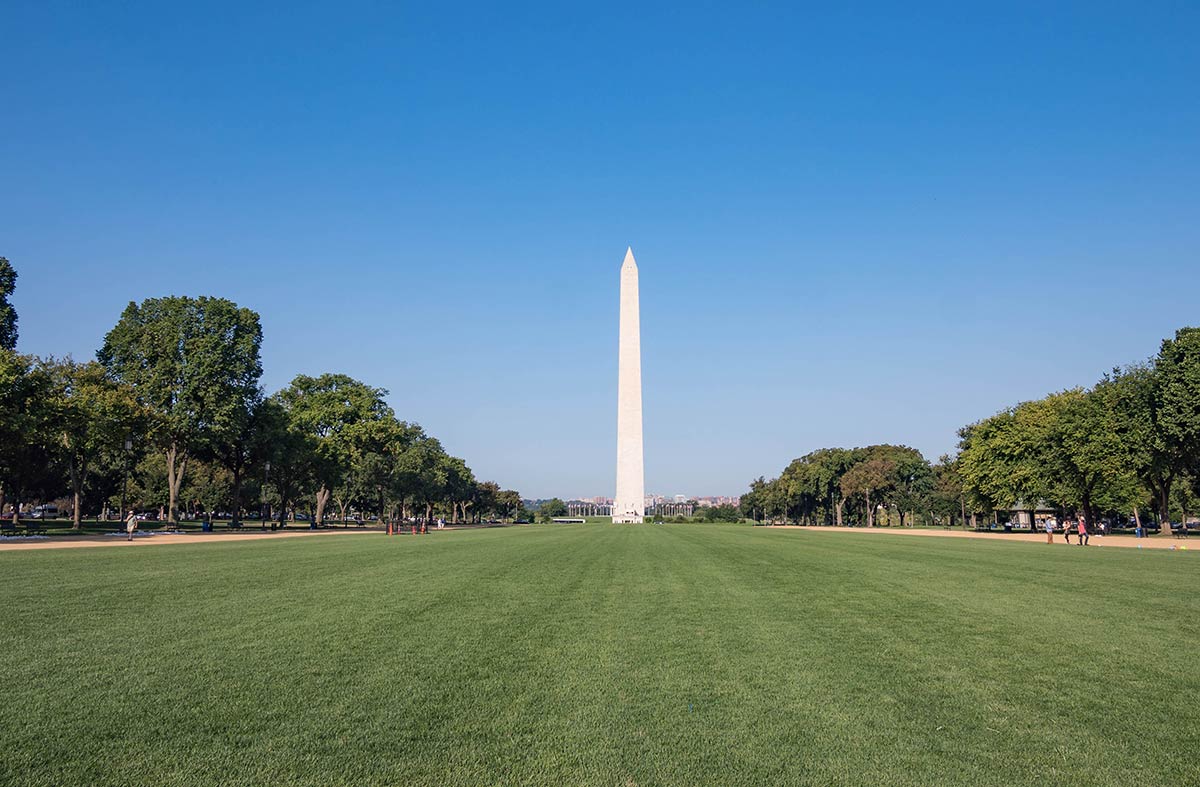 The Washington Monument on a clear, sunny day