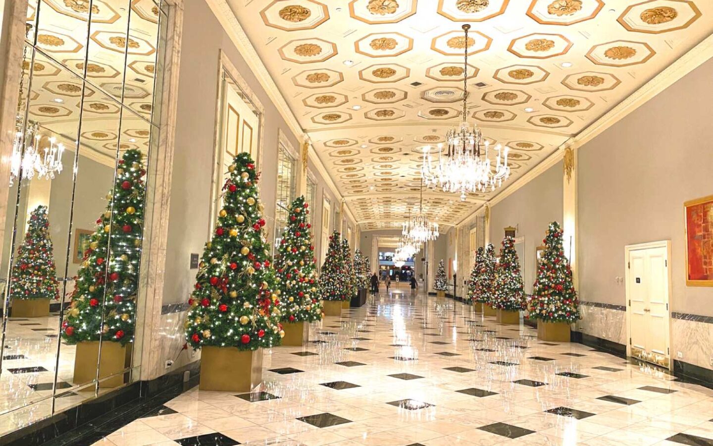 hotel hallway lined with decorated christmas trees on both sides
