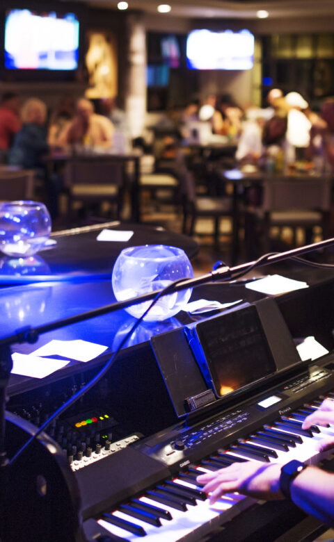 a man playing a piano in a bar and singing into the mike