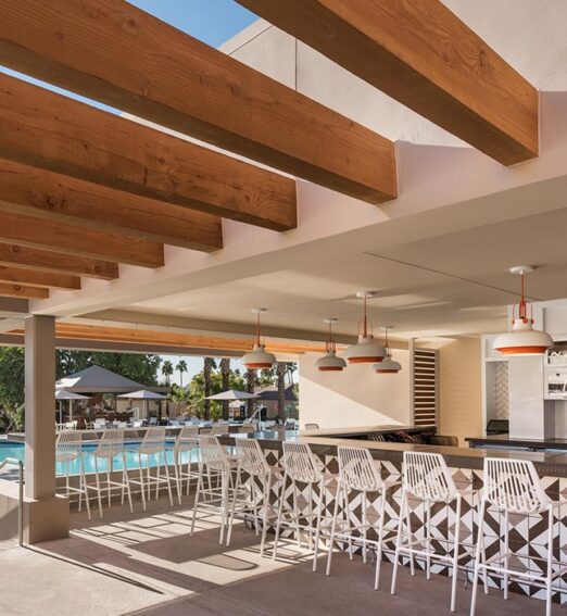 close up of bar seating at pool side restaurant, kalio kabobery