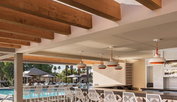 close up of bar seating at pool side restaurant, kalio kabobery
