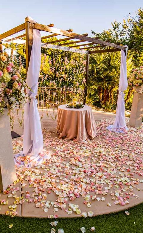 A rustic pergola adorned with strewn rose petals creates a unique alter set-up