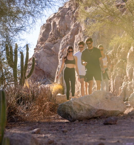 a group of people standing next to a cactus