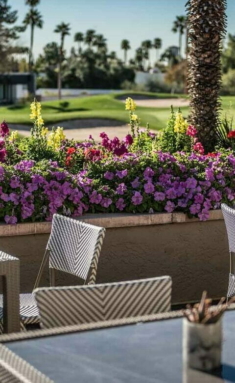 outdoor dining patio at 19th Hole beside a golf course