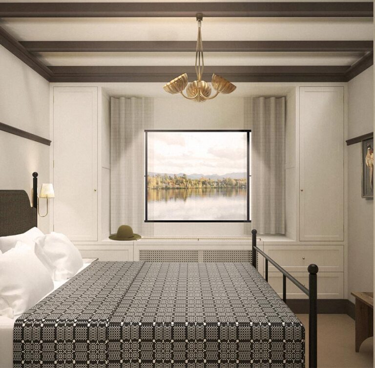 rendering of king bedroom at Grand Adirondack Hotel