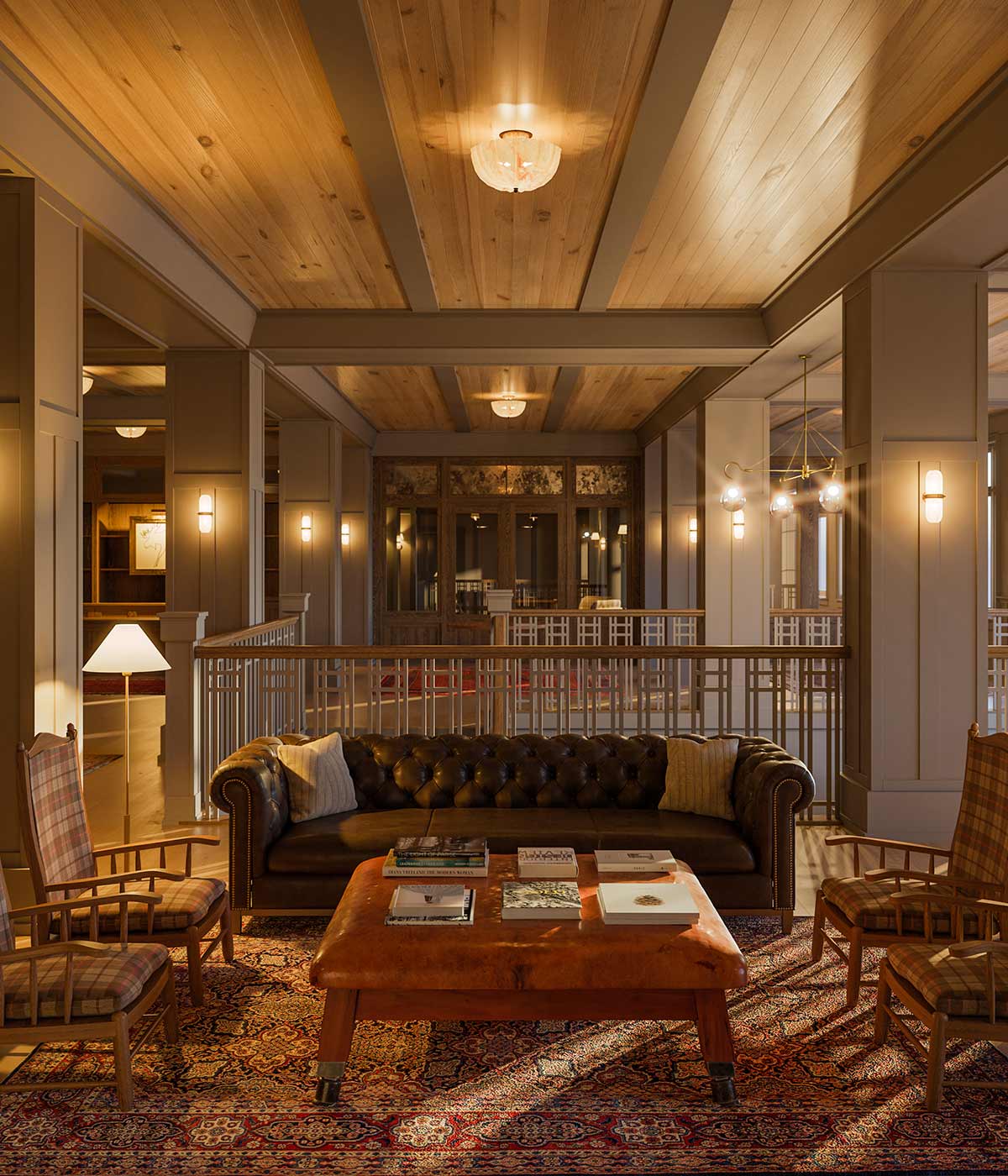 The Grand Adirondack Hotel lobby seating area under dim lighting