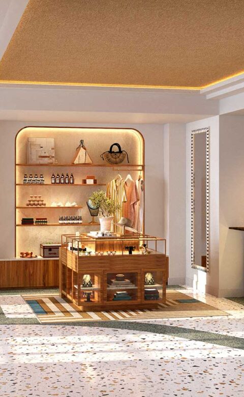 Modern café and boutique retail space with terrazzo floors and warm lighting