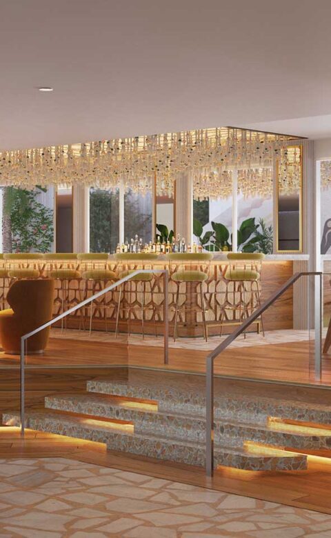 Sophisticated lobby bar with backlit shelving, wood accents, and plush seating.
